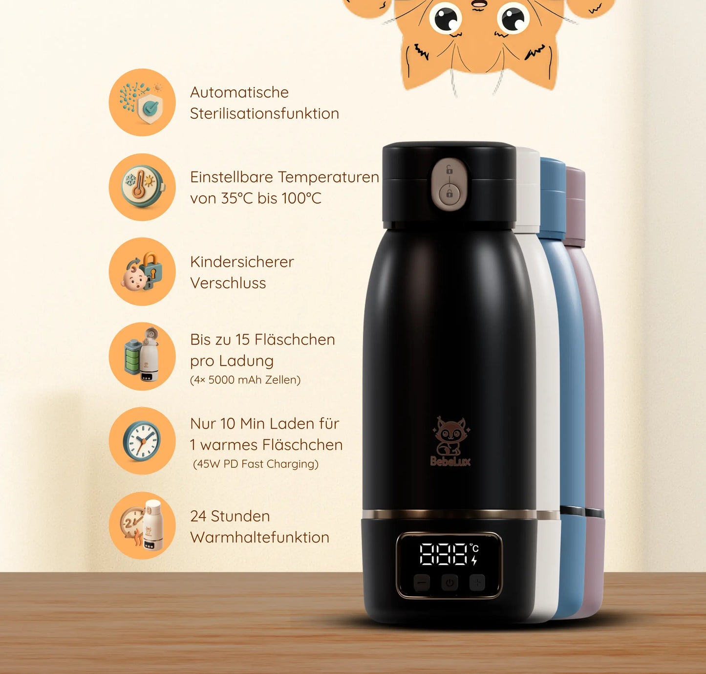BebeWarm V2 – Kabelloser Babyflaschenwärmer mit Sterilisationsfunktion (37 °C in 2 Min)
