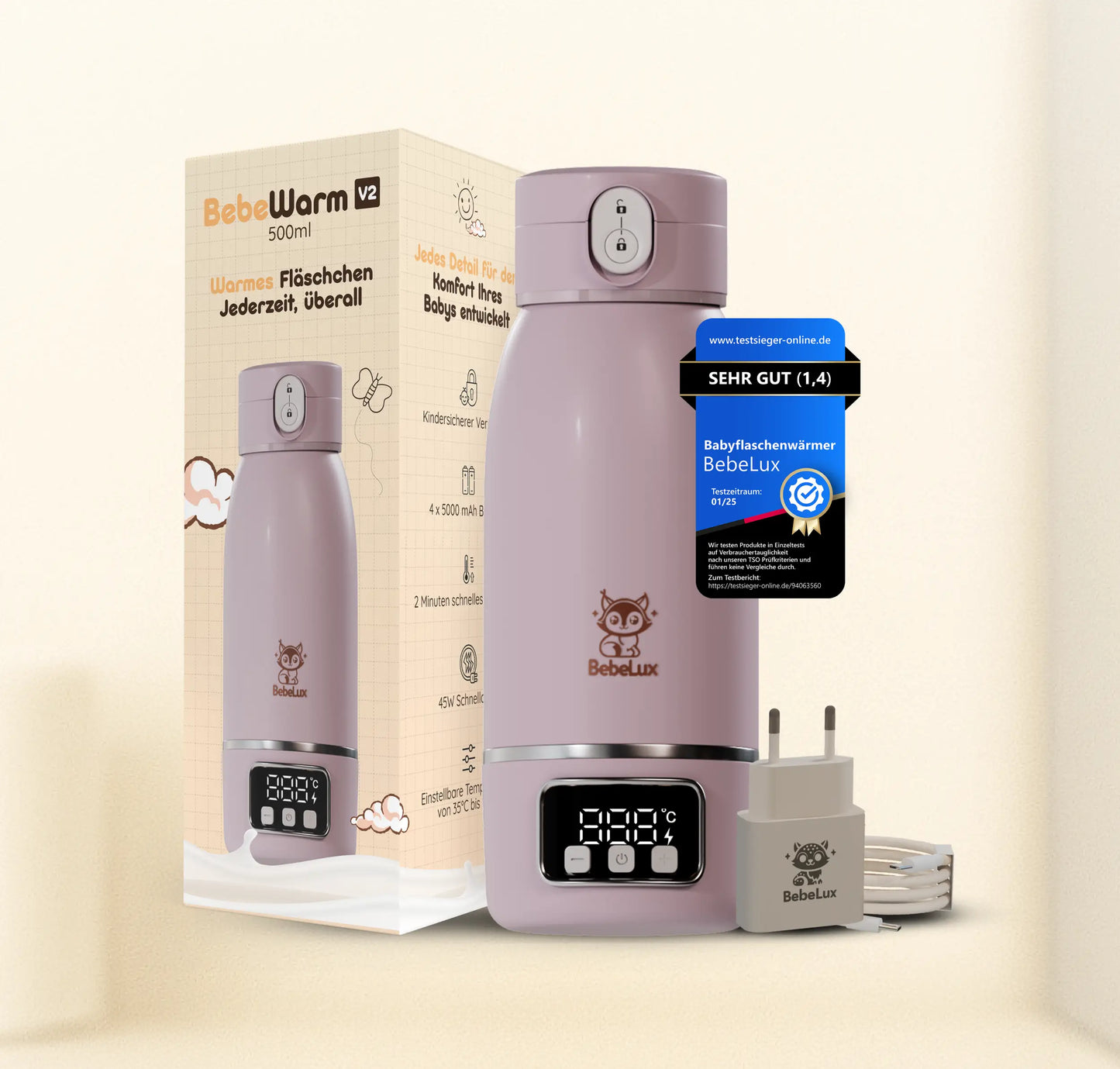 BebeWarm V2 – Kabelloser Babyflaschenwärmer mit Sterilisationsfunktion (37 °C in 2 Min)