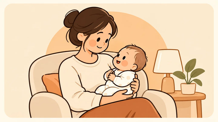 Eine Mutter hält ihr waches Baby aufrecht und nah am Körper.