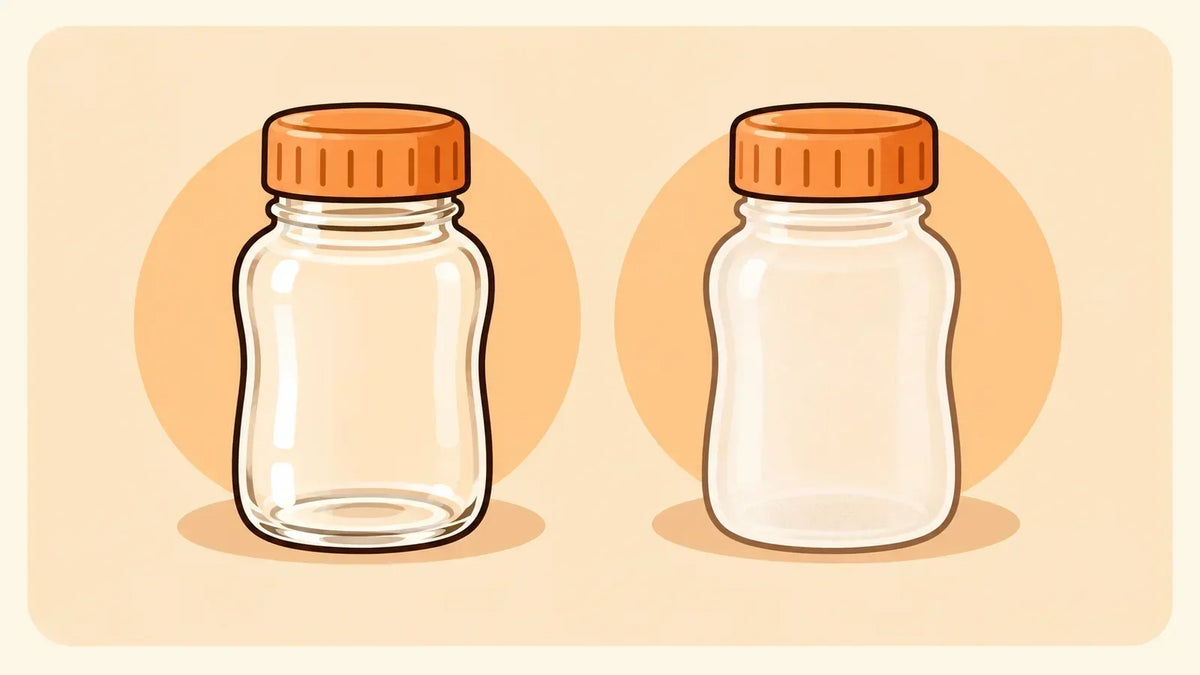Illustration: ein klarer Glasbehälter und ein matter Kunststoffbehälter mit orangefarbenen Deckeln nebeneinander.