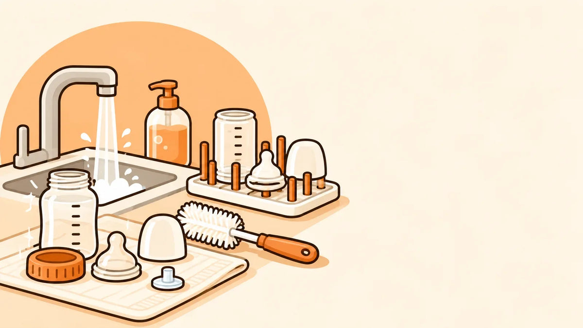 Illustration zerlegter Babyflaschenteile neben Spülbecken, Bürste und Trockengestell.