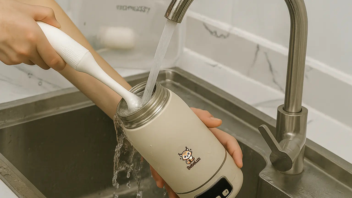 BebeWarm Flaschenwaermer wird unter fliessendem Wasser mit einer Buerste gereinigt