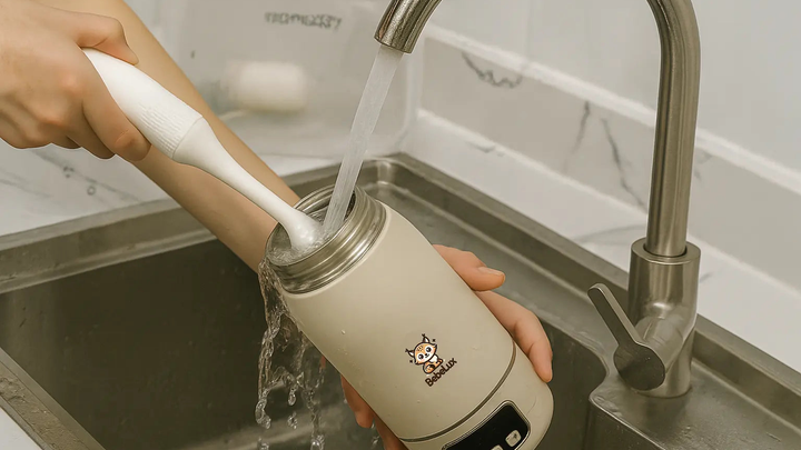 BebeWarm Flaschenwärmer wird unter fließendem Wasser mit einer Bürste gereinigt