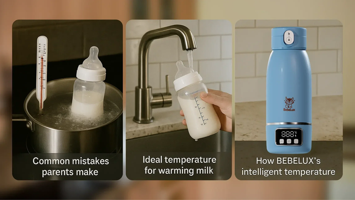 Babyflasche mit Milch, Thermometer im Topf und BebeWarm Flaschenwaermer