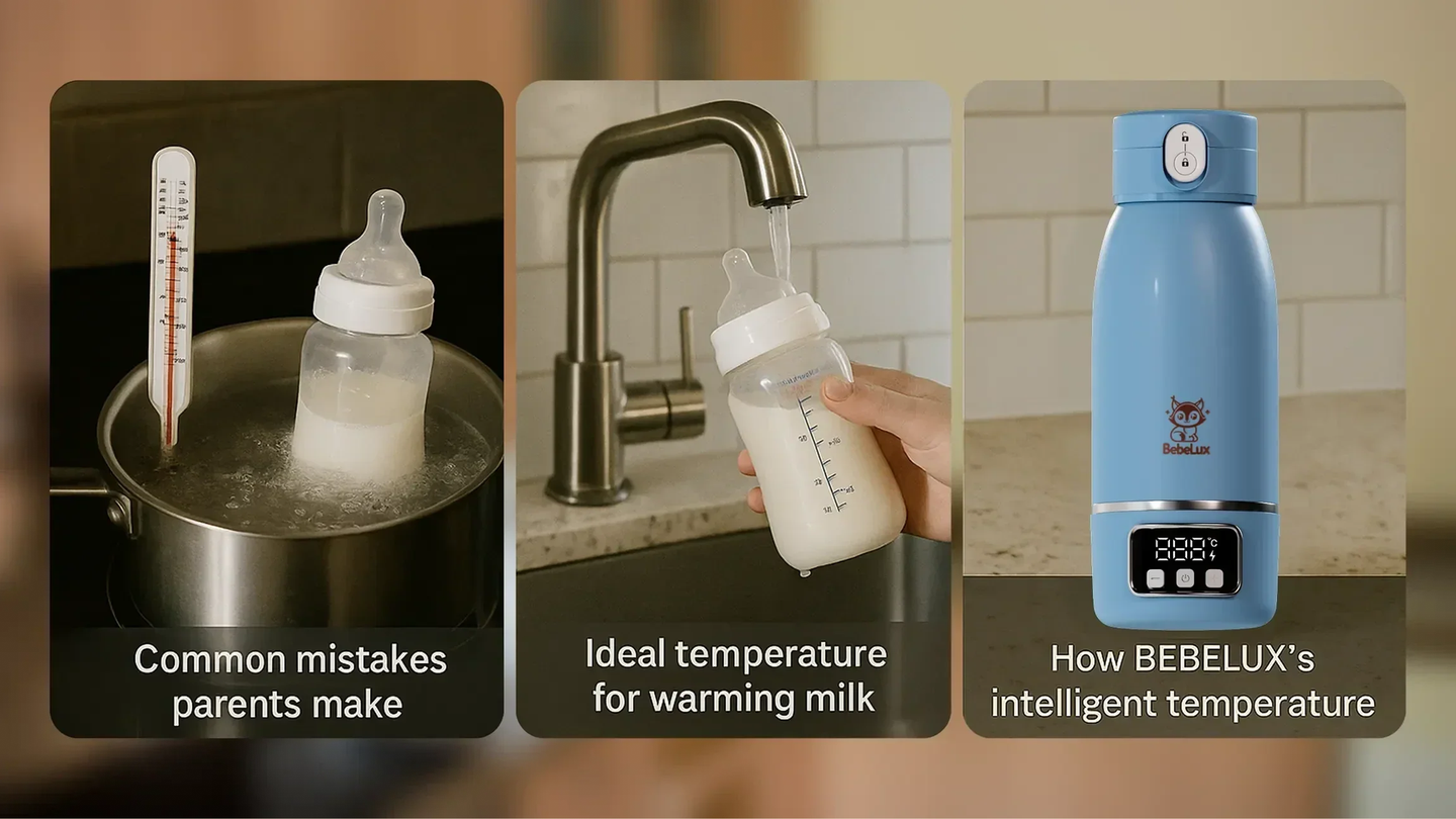 Babyflasche mit Milch, Thermometer im Topf und BebeWarm Flaschenwaermer
