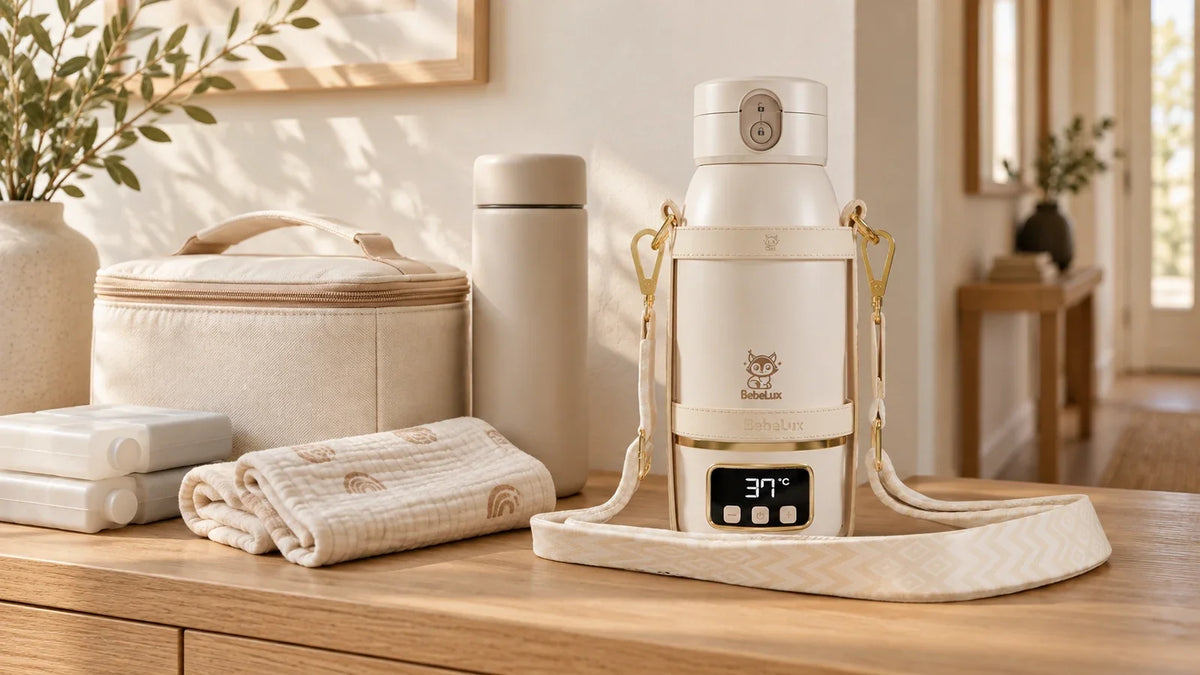Cremefarbener BebeWarm V2 steht mit Kühltasche, Kühlakkus, Thermosflasche und Mulltuch auf einer Holzkommode.