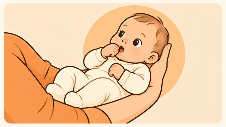 Illustration eines wachen Babys mit Hand am Mund und sanften Suchbewegungen in den Armen einer Bezugsperson.