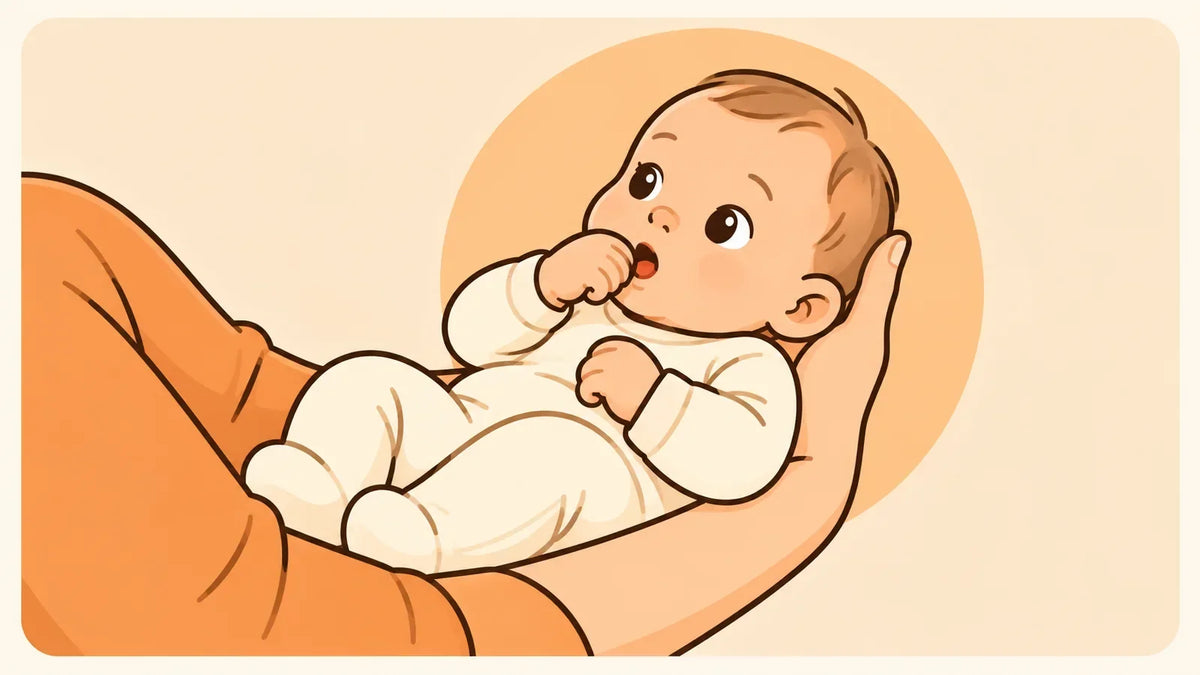 Illustration eines wachen Babys mit Hand am Mund und sanften Suchbewegungen in den Armen einer Bezugsperson.