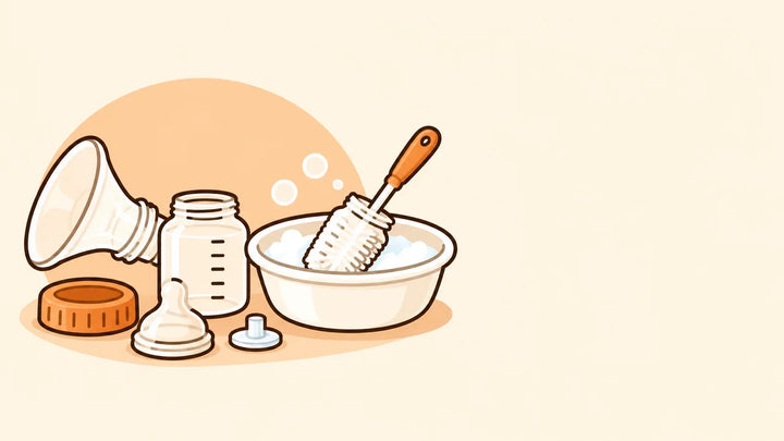 Illustration zerlegter Milchpumpenteile neben einer eigenen Waschschüssel und weicher Bürste.