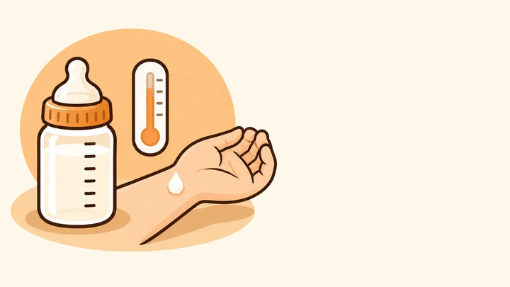Illustration einer Babyflasche mit Thermometer und einem Tropfen auf einem Handgelenk.