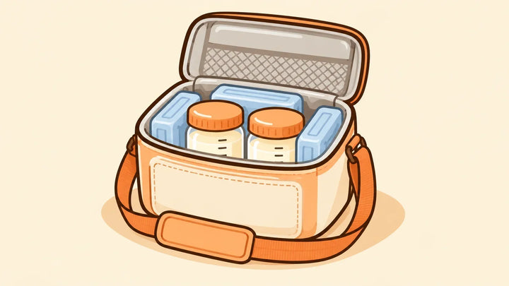 Illustration einer offenen isolierten Kühltasche mit geschlossenen Muttermilchbehältern und Kühlakkus.