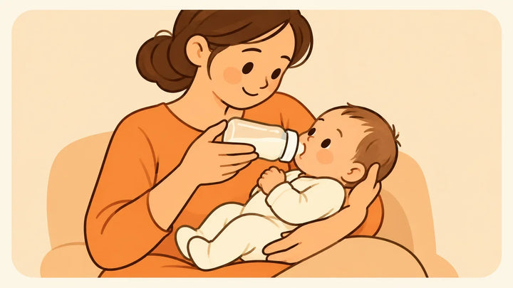 Illustration einer Bezugsperson, die ein Baby mit gestütztem Kopf halb aufrecht hält und die Flasche fast waagerecht anbietet.