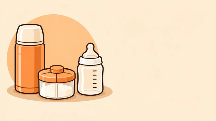 Illustration einer Wasserflasche, eines getrennten Pulverbehälters und einer sauberen Babyflasche für unterwegs.