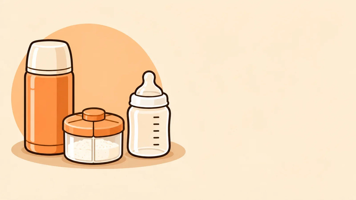 Illustration einer Wasserflasche, eines getrennten Pulverbehälters und einer sauberen Babyflasche für unterwegs.