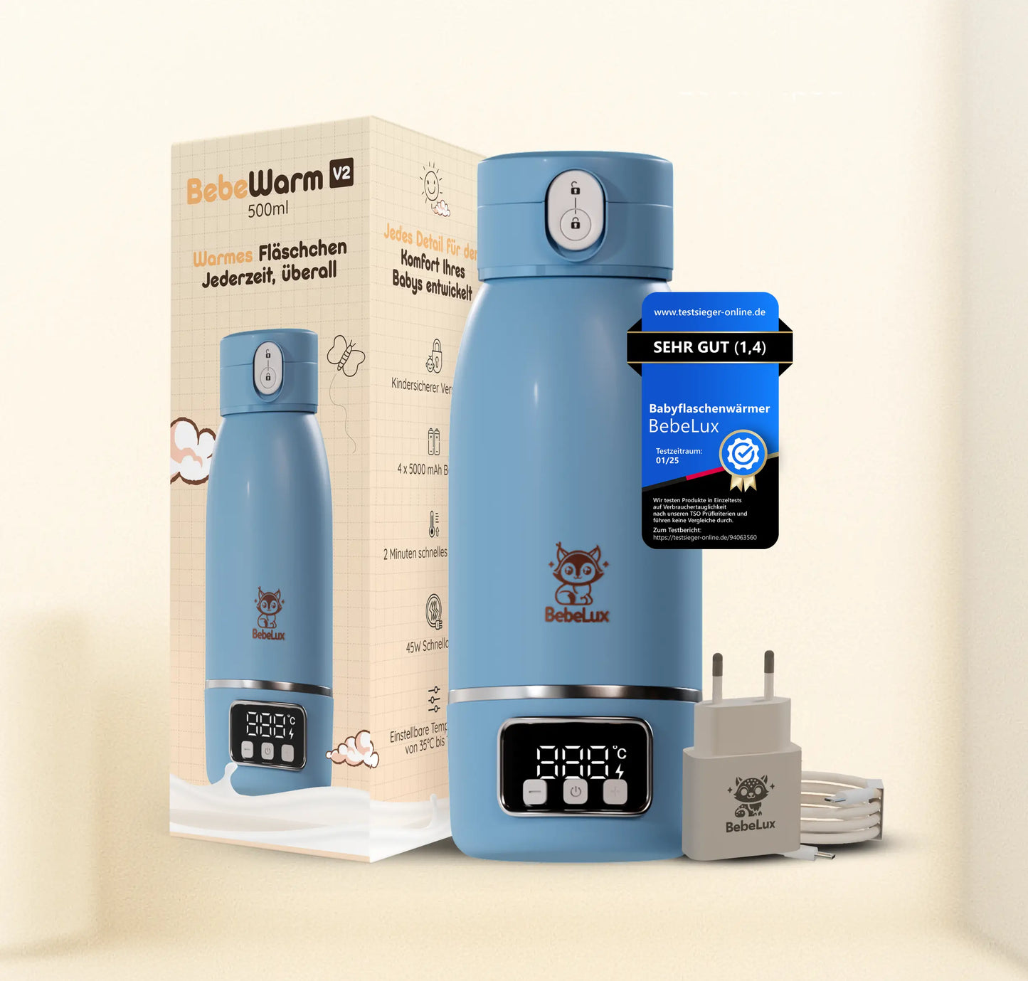 BebeWarm V2 – Kabelloser Babyflaschenwärmer mit Sterilisationsfunktion (37 °C in 2 Min)